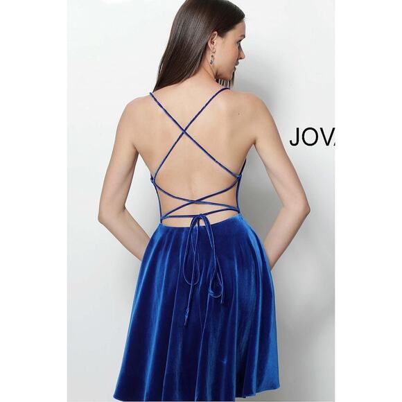 NWT Sz.2 JOVANI Open Back ROYAL BLUE VELVET Fit & Flare Cocktail Party DRESS - Picture 3 of 12